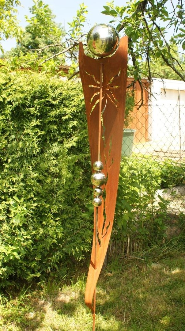 Gartendeko Rostsäulen  Stab mit 4 Edelstahlkugeln Skulptur zwei Meter 